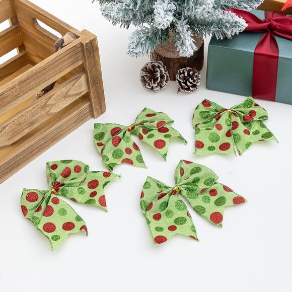 Red, Green Christmas 6 Piece Wreaths Bows Glitter Dot Xmas Ribbon Bow Ornaments - Picture 2 of 8
